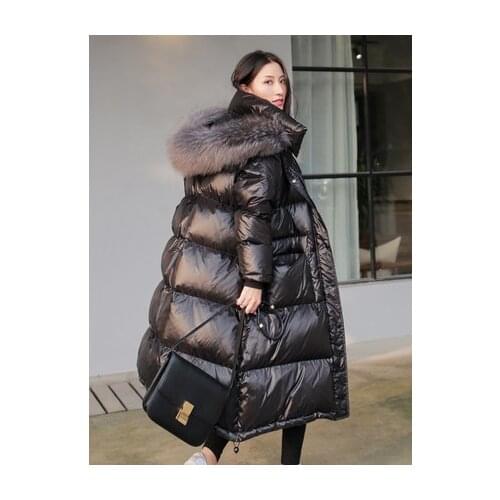 FNOCE 2020 winter womens down jackets fashion long sleeve stand collar hooded Natural Raccoon FUR warm thick loose X-Long coat