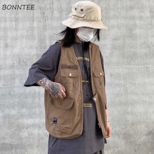 Vests Women Safari Style Slim Button Pockets Pure Color Streetwear Boyfriend Ulzzang Cool Simple Spring 2021 Casual V-Neck Chic
