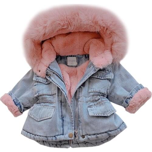 Winter Baby Girl Denim Jacket Plus Velvet Real Fur Warm Toddler Girl Outerwear Coat 1-5 Years Kids Infant Girl Parka