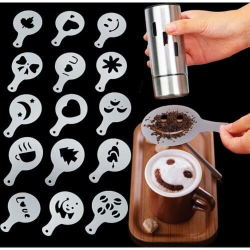 16Pcs/Set Coffee Drawing Cappuccino Mold Fancy Coffee Printing Model Foam Spray Cake Stencils Powdered Sugar Sieve Tools