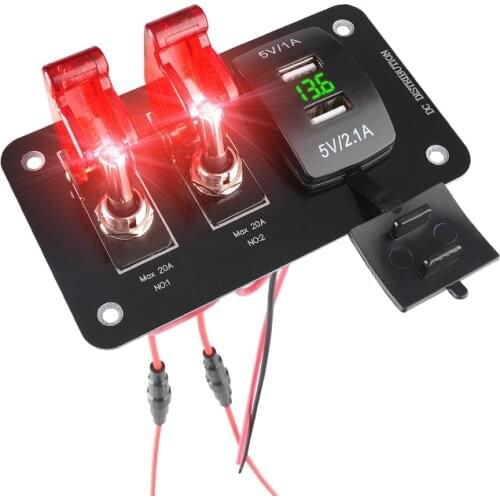 2 Gang Rocker Switch Panel with Dual USB Charger Voltmeter Waterproof 12V-24V DC Rocker Switch for Cars Trucks Boats RVs Camper