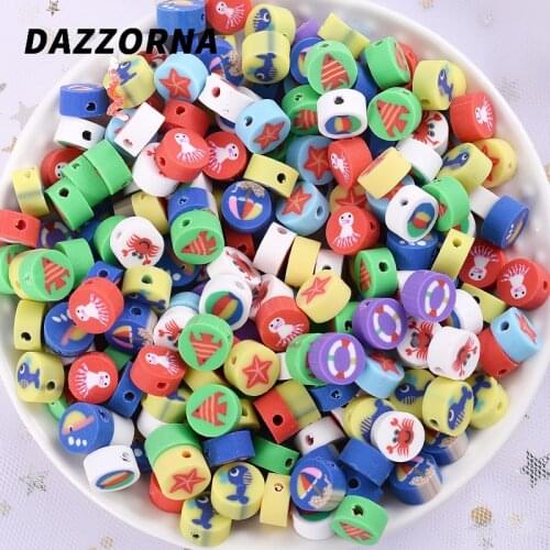 50/100Pcs 10mm Cartoon Animal Round Polymer Clay Beads with Holes Loose Spacer Beads for Jewelry Making Accessories