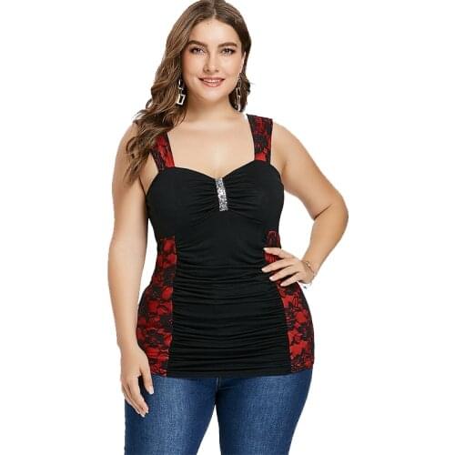 Women Tank Tops Fashion Lace Sequin Sexy Low Chest Summer Slim Cotton Patchwork Blouse Camisole Sleeveless Female Shirts L-5XL