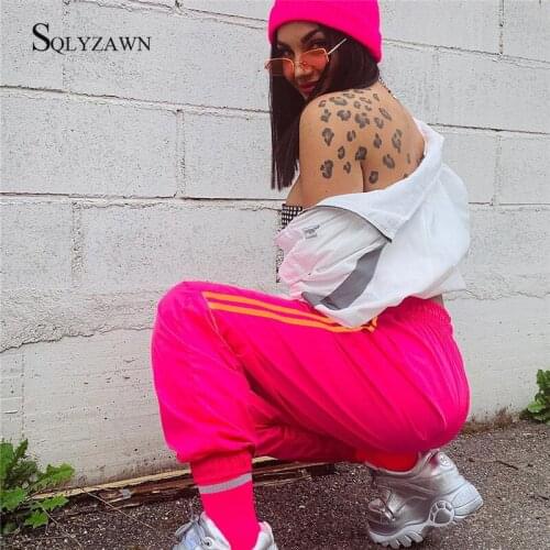 Spring Casual High Waist Harem Pants Women Loose Side Striped Hot Pink Trousers Pockets Elastic Waist Workout Sweatpants Bottoms