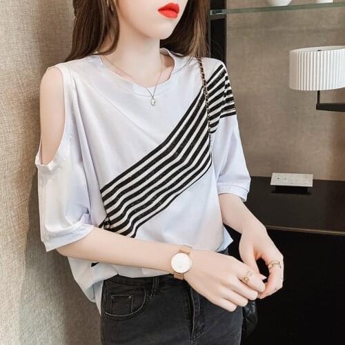 Summer New Hot drilling Off shoulder Women T-shirts Tops Korean Fashion Female Loose Batwing sleeve Women T shirt