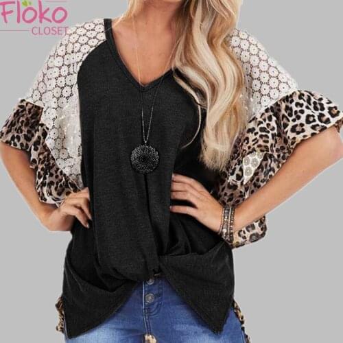 Flokocloset Summer Leopard Print Lace T-shirt Casual Loose Twisted Irregular Batwing Sleeve Top