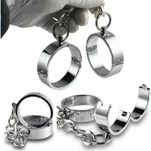 Manyjoy Stainless Steel Handcuffs Ankle Cuffs with Chain BDSM Bondge Restraint Lockable Wrist Cuff Shackles Sex Toy for Couples