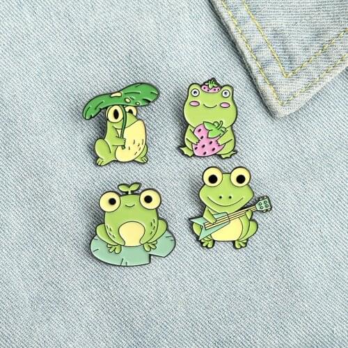 Fashion Cartoon Cute Student Accessories Creative Strawberry Frog Animal Brooch Srip Enamel Frog Guitar Brooch Backpack Badge
