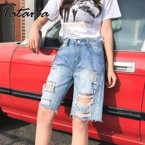 Fashion Ripped Denim Shorts for Women Capri Mid Waist Casual Half- Length Loose Shorts Jeans Pockets 2021streetwear Flare Pants