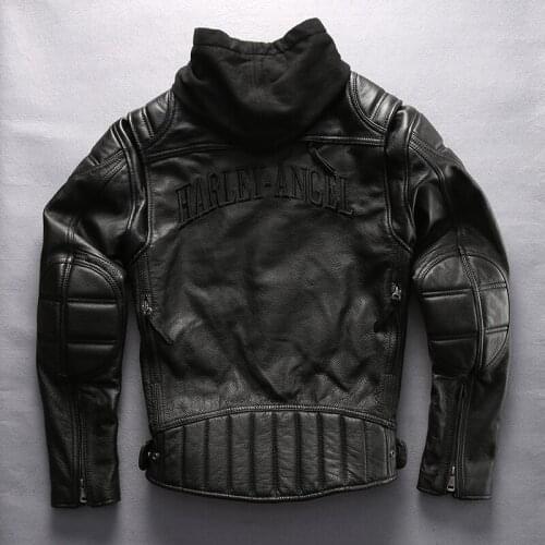 Fashion brand Mens Hooded motorcycle genuine slim fit Knit hat cowhide real leather coat men moto biker jacket