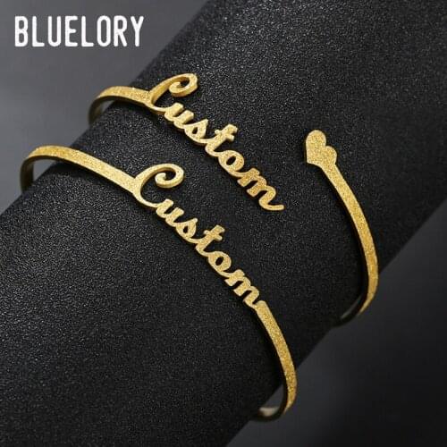 Bluelory Customized Frosted Name Open Bangles Golden Adjustable Stainless Steel Women Men Names Cuff Bracelets For Birthday Gift
