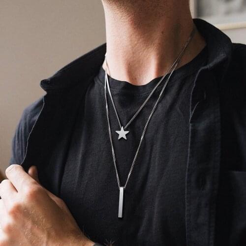 MEN STAINLESS STEEL STACKING LAYERED STAR AND RECTANGLE BAR PENDANT NECKLACE SET