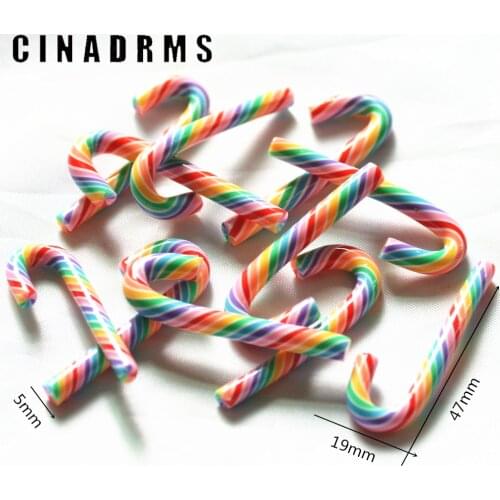 10PCS 47mmX19mm Rainbow Stripe Soft Clay Christmas Cane Candy,Christams Party Embellishments,Christmas Decoration Miniatures