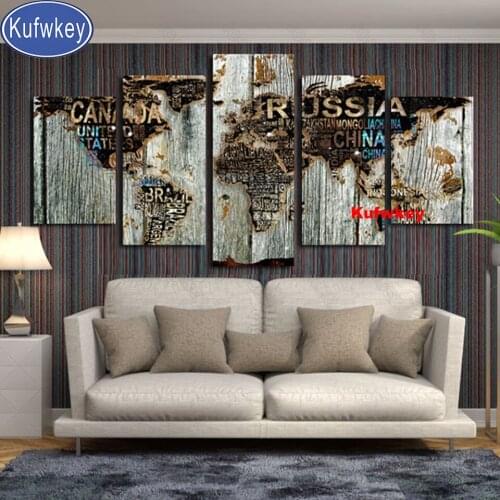 5 Pieces Diy Diamond Painting Color English Map Wood Design Mosaic embroidery abstraction For Living Room home Art,Multi Panel