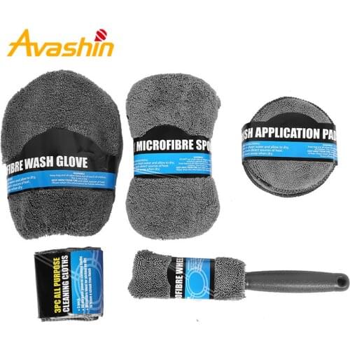9 PC Car Care Cleaning Tool Kit Auto Wash Mitt Premium Microfiber Towel Wash Gloves Wheel Brush Pad Wash Sponge Mitt Car Wash