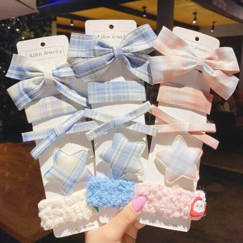 Japanese Fabric Plaid Sweet Girl Hairpin Set Korean College Wind Baby Bow Edge Clip Children beautiful Duckbill Clip Accessories