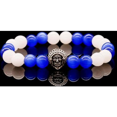 Nature Blue Opal with White Chalcedony Charm Bracelets Men Natural Stone Beads For Women Jewelry Indian Head Bangle
