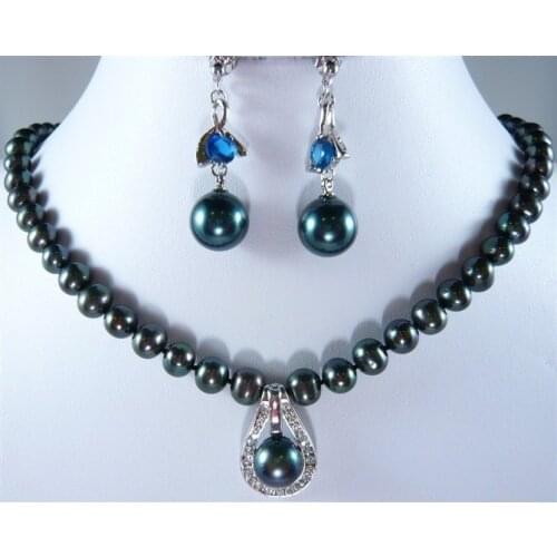 Wholesale noble 8mm 17" black shell pearl necklace 12mm inlay pearl pendant necklace earrings set s