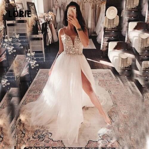 LORIE Shiny Stars Simple Wedding Dresses 2020 Spaghetti Strap Soft Tulle Bridal Gowns A-line Boho Bride dress with Split