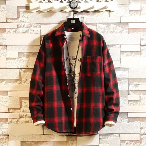 100%Cotton Red Plaid Casual Shirt Men Military Style Fashion Long Sleeve Blouse Male Streetwear Korean Japanese Shirts Plus Size