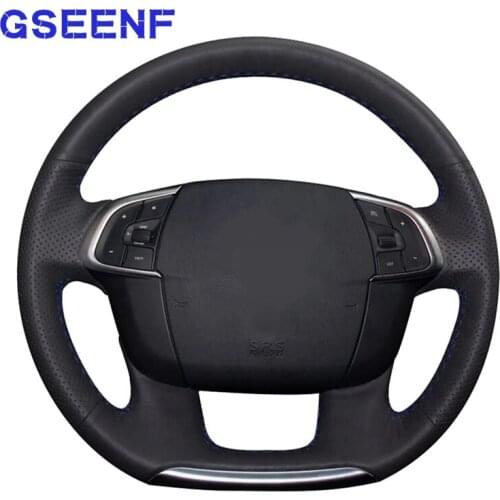 Handsewing Car Steering Wheel Covers Breathable Black Genuine Leather Comfortable For Citroen C4 C4L
