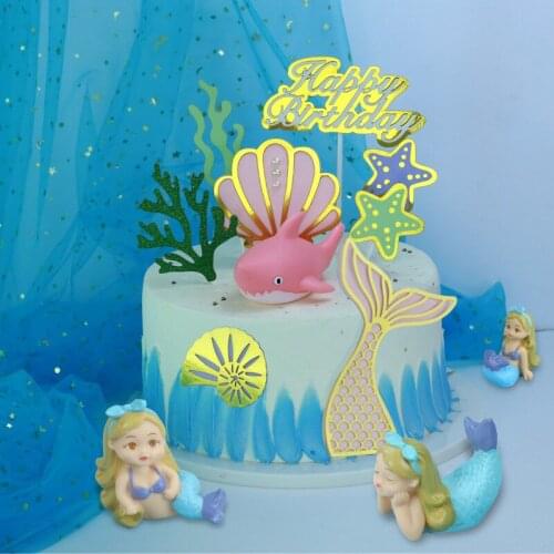 Shark Cake Toppers Ocean Theme Birthday Party Baby Shower Mermaid Tail Insert The Card Shell Star Conch Card For Wedding Baking
