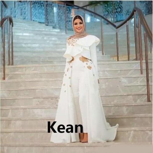 Ivory Pants Muslim Evening Dresses A-line Long Sleeves Gold Lace Hijab Islamic Dubai Saudi Arabic Long Formal Evening Gown