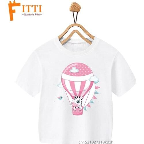 Hot Air Balloon Animal Flower Print Girl White T-shirt Kid Summer Kawaii Funny Clothes Little Baby Animal Y2K Clothes,Drop Ship
