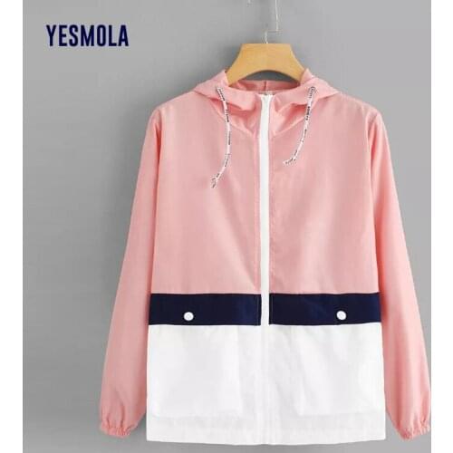 YESMOLA Solid Color Patchwork Long Sleeve Womens Hoodie Jacket Autumn Female Coat Casual Windbreaker Sunscreen Jacket