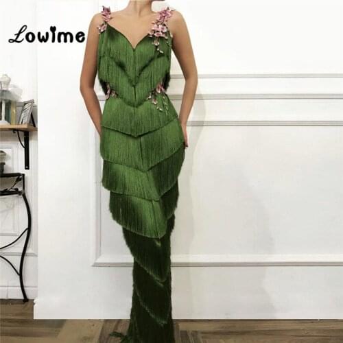 Tassel Green Evening Dresses Dubai Arabic Party Dress 2019 Embroidery Mermaid Dubai Moroccan Kaftan Robe De Soiree Couture Dress