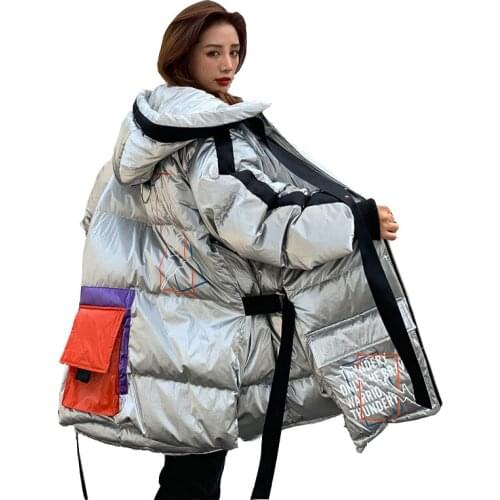 New down jacket woman mid-length thicker street loose parker overcoat female personality big pocket hooded winter jackets female