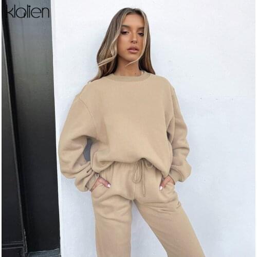 KLALIEN Fashion Casual Loose Hoodies and Trousers Two Piece Set Women Solid Simple Sports Fitness Outfit Autumn New Tracksuit