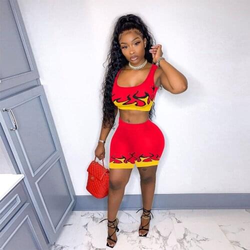 Streetwear Womens Tracksuit Fire Flame Print Cleavage Vest Tops and Bodycon Biker Short Hipster Female 2 Piece Club Outfits