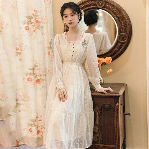 French Retro Rose Embroidered Temperament Fairy Dress Lace Square Collar Elegant Chiffon Vestido Embroidered Sweet Romantic Fall