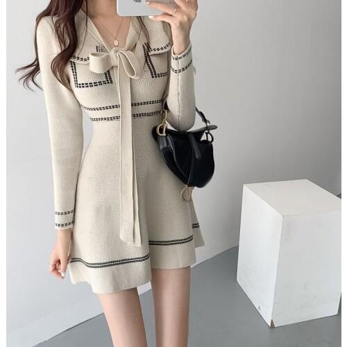 Lace-up Bow Knitted Dress Women Long Sleeve A-line Slim Waist Spring Autumn Mini Dresses Contrast Color Patchwork Korean Chic