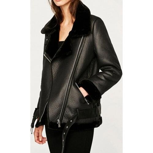 Winter Coats Aviator Outwear Women Thickness Faux Leather Fur Sheepskin Female Fur Leather Jacket
