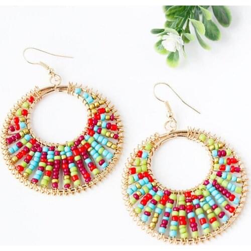 1Pair Bohemia BOHO Tribal Retro Vintgage Gold Earring with Rainbow Beads Trendy Fashion Jewelry