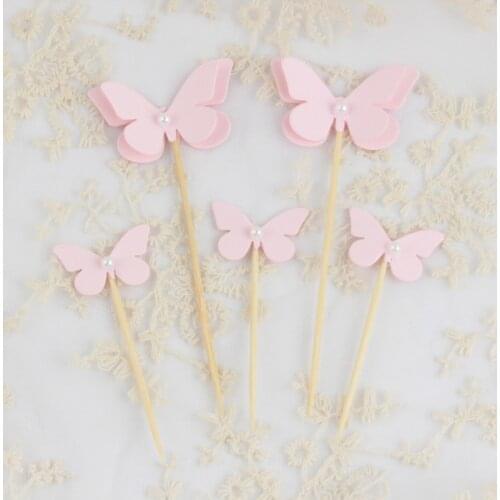 5pcs Pink Butterfly Cupcake Topper Nice Pearl Cake Topper Flag For Birthday Valentine Wedding Party Cake Decorations Baby Shower