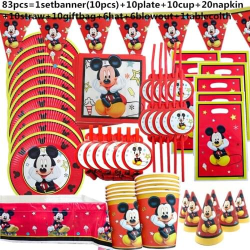 Mickey Mouse Party Supplies Tableware Paper Cup Plates Straws Napkin Baby Shower Mickey Party Tablecloth Red Decoration Supplier