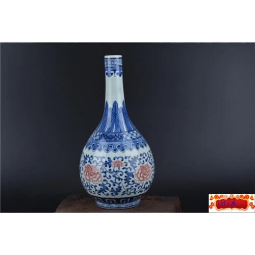 Antique QingDynasty porcelain vase,Red&white and blue glaze,peony,Hand-painted crafts,Collection&Adornment,Free shipping