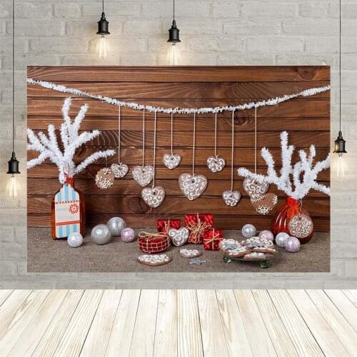 Avezano Photography Backgrounds Happy Christmas Wooden Wall Christmas Tree Gift Biscuits Small Bell Photo Studio Decor Photocall