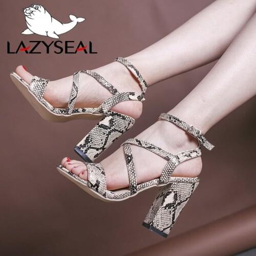 LazySeal High Heels 10.5CM Women Heeled Sandals Snake Prints Buckle Ankle Strap Pumps Women Super Square Heels Lady Shoes