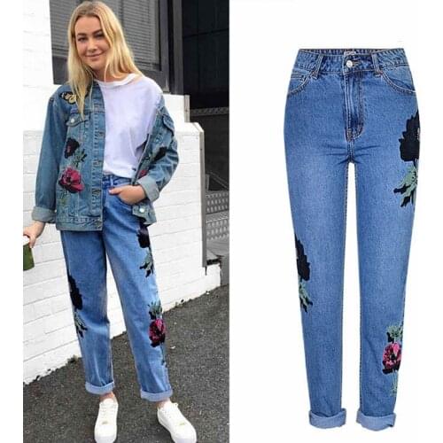 Fashion Embroidery Denim Pants Jeans Sexy Slim High Waist Pencil Pants Cotton Trousers Blue Woman Casual Jeans