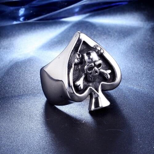 Gothic Poker Spades Skull Ring Punk 316LStainless Steel Lucky Spades Ring Men Fashion Hip Hop Hippie Jewelry