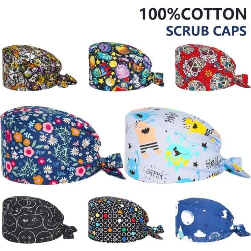 2021 Scrub Cap Anime Printing Adjustable Breathable Beauty Salon Nursing Accessories Caps Pet Shop Lab Workers Scrubs Hats Women