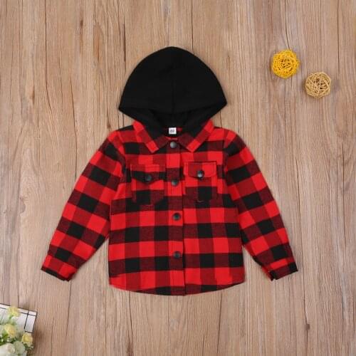 Pudcoco Toddler Baby Clothes Long Sleeve Single-breasted Hooded Plaid Pattern Print Coat with Flap Pockets Cotton Outfit Baby