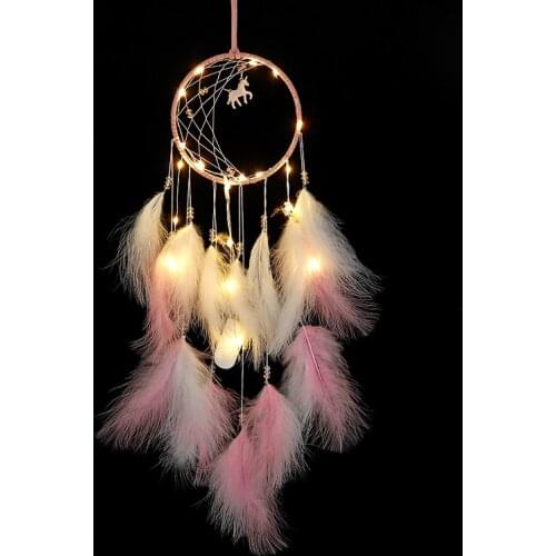 Girl Heart Dream Catcher National Feather Ornaments Lace Ribbons Feathers Wrapped Lights Girls Room Decor with Lamp Dreamcatcher