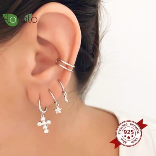925 Silver Ear Buckle White Zirconia Crystal Cross Earrings Cross Exquisite Huggies Hoop Earrings Womens Korean Wedding Jewelry