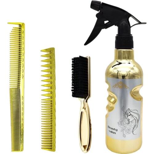 Golden Color Hair Brushes 4 Pieces Suit Haircutting Combs Mesh Hair Brush Sprayer Bottle Set Double Head Wide Tooth Comb 1419
