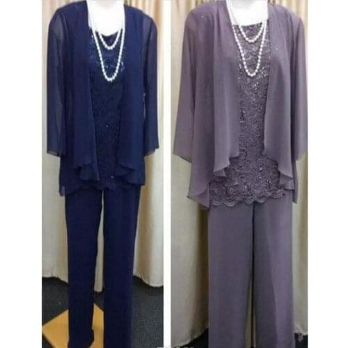 Chiffon Mother of the Bride Dresses Elegant Grey long Sleeves 2021 Pantsuit 3 Pieces Plus Size Wedding Party Guest Gown